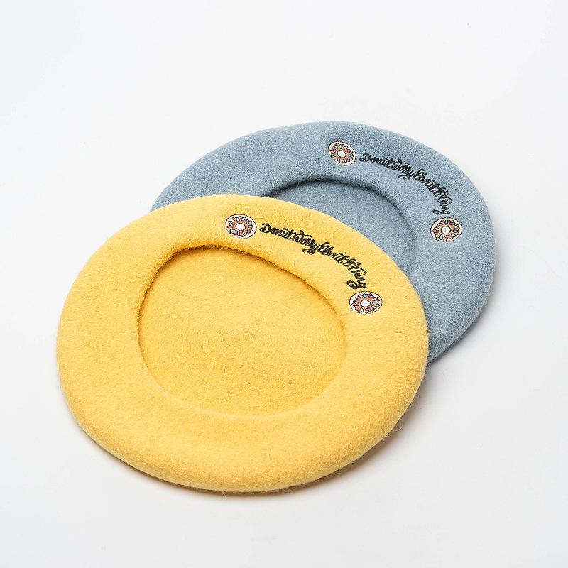 

100% Wool Letter Embroidery Berets Female Bonnet Women caps Lady Spring Autumn Vintage Painter Warm Walking Hat Wholesale, Sky blue