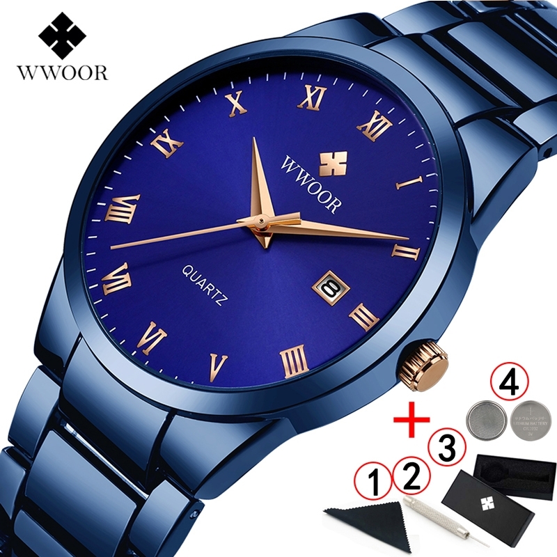 

Men Watches Top Brand Luxury WWOOR Gold Blue Business Quartz Clock watch men 2019 Waterproof Male Wristwatch Men watches 2020 T200909, Blue silver box