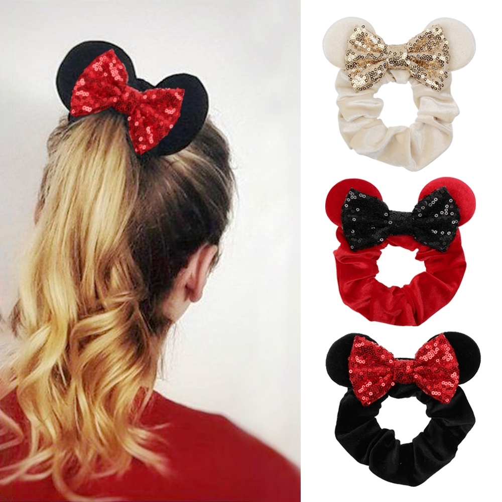 

2020 New Arrival Pretty Mouse Ears Sequins Bow Women Veet Scrunchies Fashion Waist Hair Bands Headband for Girl Headwear
