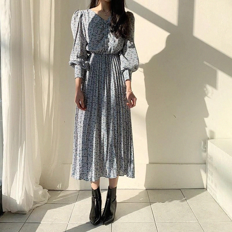

JXMYY Vintage Lantern Sleeve Ruched Women Dress V-neck Floral Print Pleated Dress Female A-line Chiffon femme 2020 #YG7r, Black;gray
