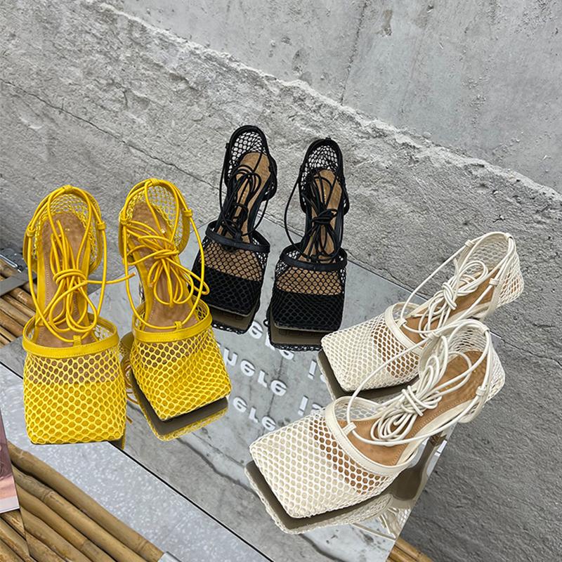 

Summer New Hollow Breathable Mesh Women Sandals Square Toe Stiletto High Heels Women Pumps Ankle Lace-Up Elegant Dress Shoes, Black