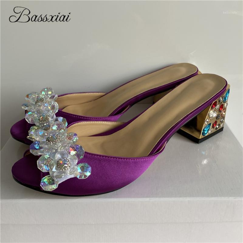 

Crystal Flower Decor Party Sandals Girls For Women Colorful Rhinestone 6cm Square Heel Open Toe Slingbacks Satin Lady Mules1, Purple