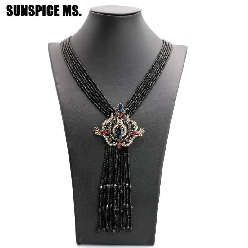

SUNSPICE MS Turkish Jewelry Long Bead Pendant Necklace Natural Stone Handmade Tassels Sweater Chain Multi Strand Chain Gifts New
