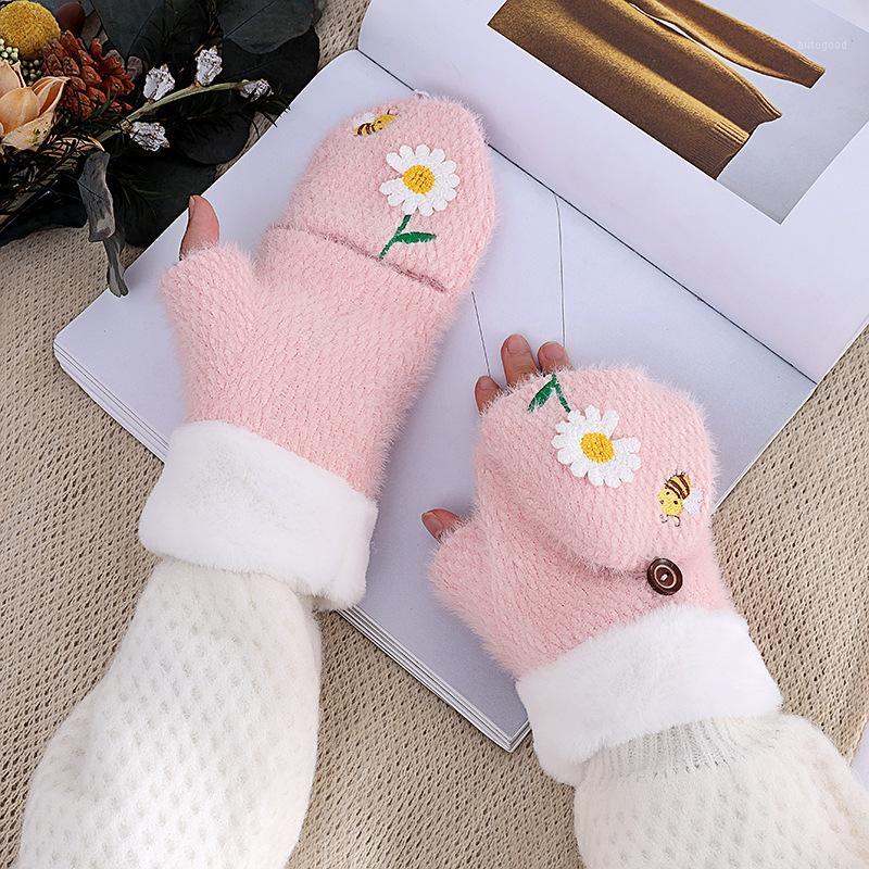 

Five Fingers Gloves Female Winter Wool Knit Half Finger Touch Screen Cycling Mittens Cute Flower Bee Plush Thicken Flip Warm Driving L171