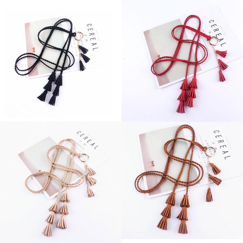 

Fashion Waist Chain Belt Women's Tassels Knotted Ring Rope Woven Belt Decorative Dress Waist Slim Women's Belts, Black;brown
