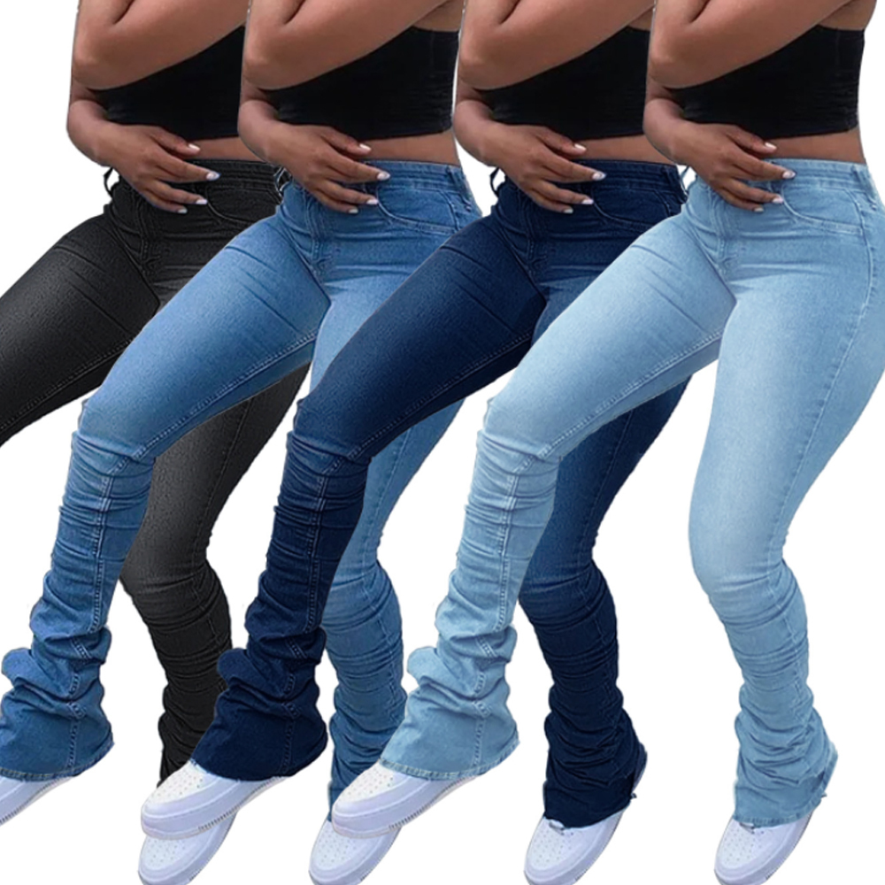 

Lady Ruched Denim Blue High Wait Stacked Pants Autumn 2021 Women Clothing Streetwear Jeans Fashion Skinny Pockets Trousers W0104, Dark blue