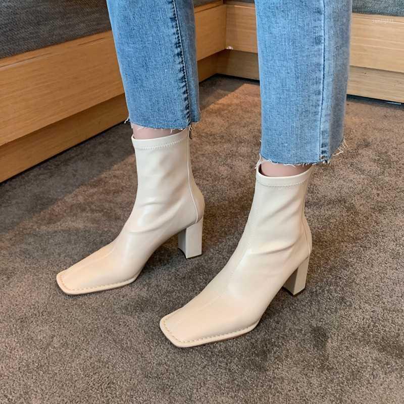 

MKKHOU Short boot Woman 2020 Autumn/Winter new cowhide square head thick heel lacing cat heel 7cm mid-heel bare boot single1, White mesh