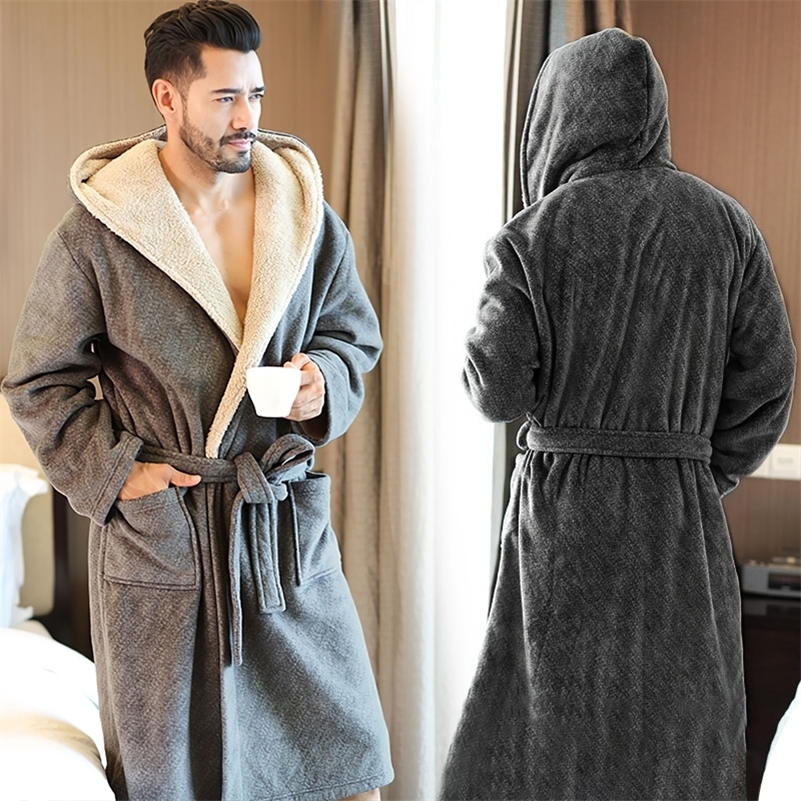 

Winter Plus size Men's bathrobe Terry Hooded Flannel Long Bath Robe Male Long Robe Home Warm Dressing Gown Sleep wear Nightwear 201109, Dark grey