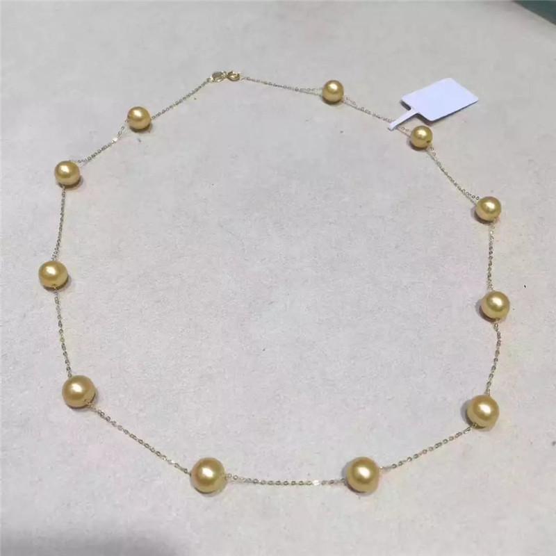 

Beautiful + 8-9mm Gold Round Pearl Necklace 18inch, 100% Natural Freshwater Pearl Necklace