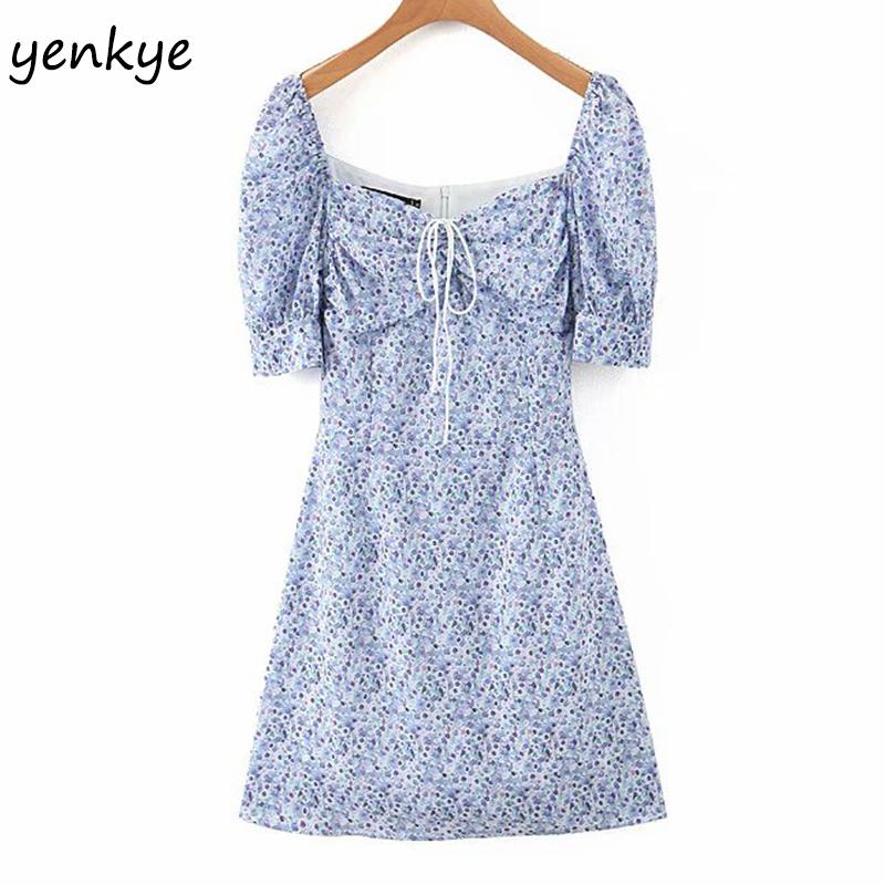 

Multicolor Floral Print Dress Women Short Sleeve A-line Mini Holiday Summer Dress Sweet Lady Vintage Boho Chiffon 2020, As pic