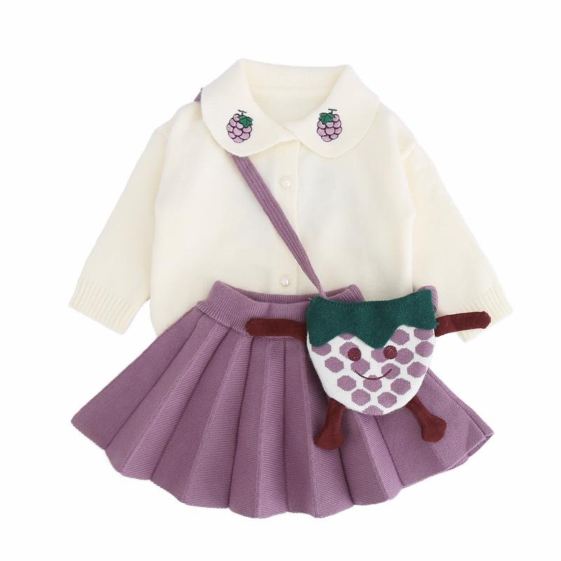 

2020 0-5Y Sweet Kids Baby Girl Clothing Set Grape Embroidery Turn-Down Collar Long Sleeve Top Coats+Solid Pleated Skirt+Bag 3pcs, As pic