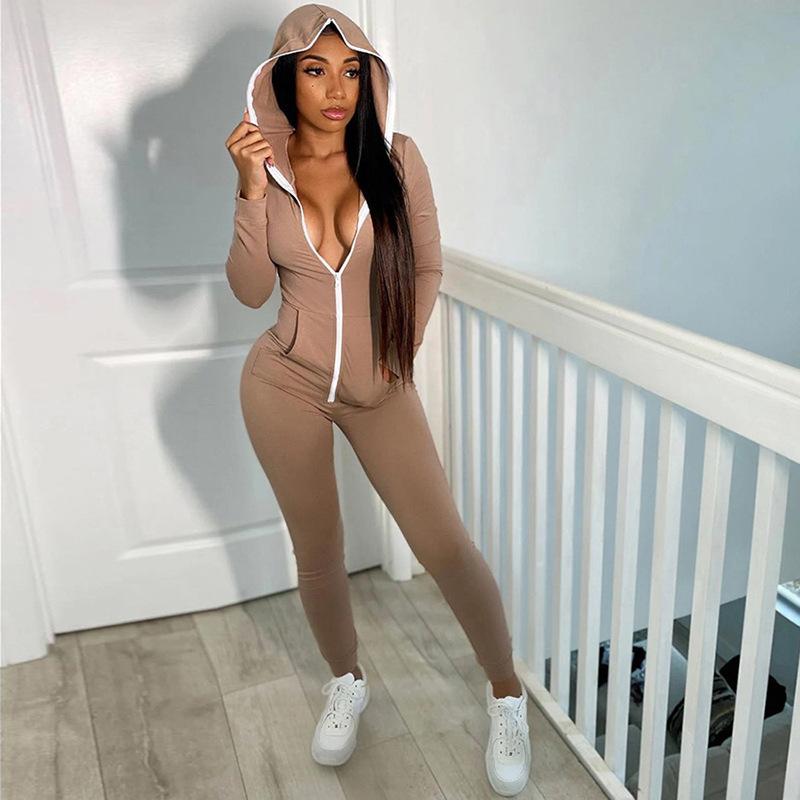 

New Women Fashion Sexy Hooded Jumpsuit Sportswear Full Sleeve Sweat Suits Running Female, Black