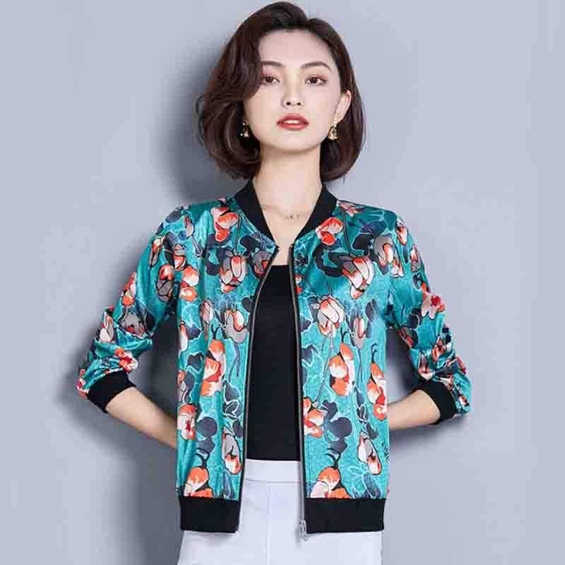 

New 2020 Spring Fashion Silk Women Jacket Zipper Long sleeve Stand collar Thin Print jackets outwear Casual Plus size short Coat, Blue