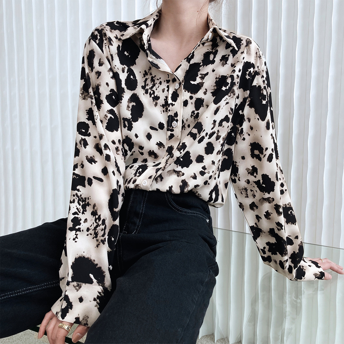 

2021 New Leopard Print Turn Down Collar Long Female Tops and Fashion Blouses Chiffon Women's Blouse Fqwi, Multiple