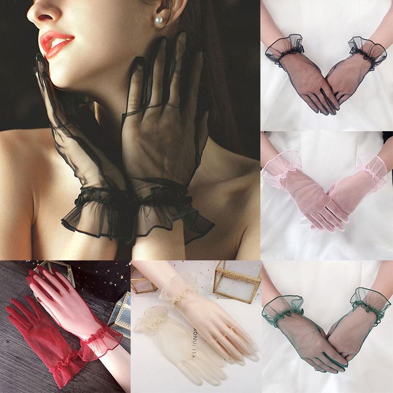 

1 Pair Women Short Tulle Gloves Stretchy Lace Nylon Lotus Leaf Sheers Flexible Dress Accessories Full Finger Party Gifts