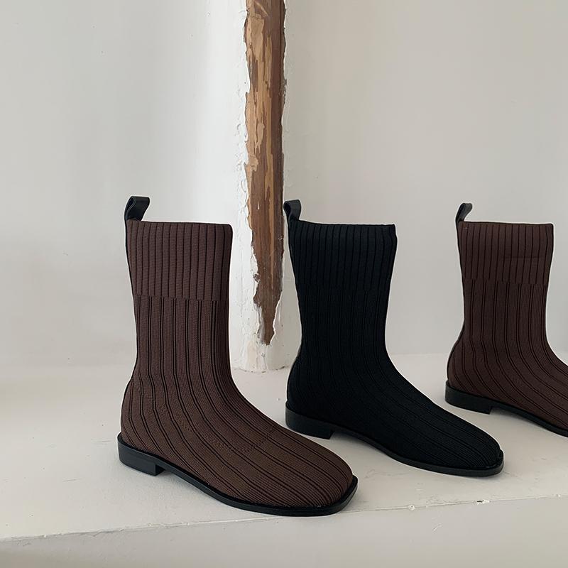 

Fashion Women Knitted Boots Round Toe Flats Heeled Slip On Stretch Boots Comfort Autumn Walk Sock Woman Brown Black