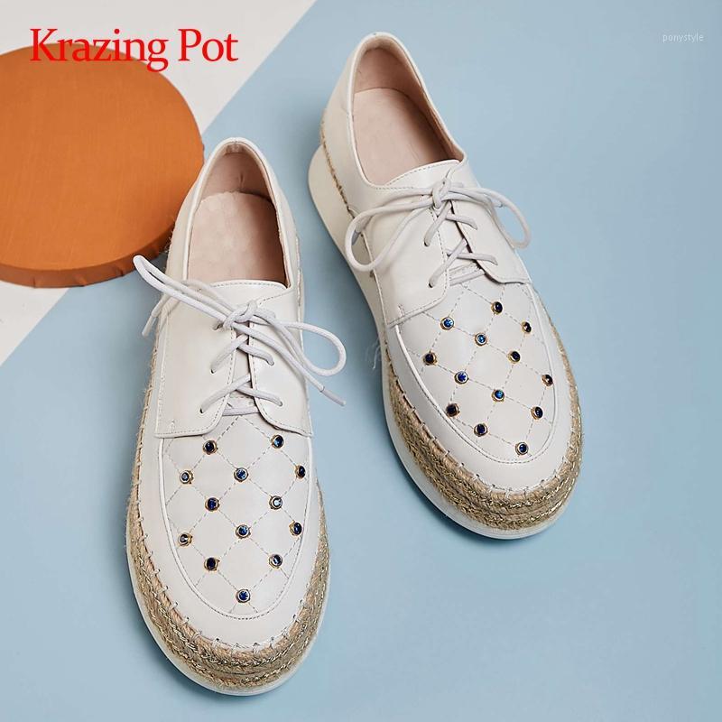 

Krazing Pot leisure genuine leather straw wedges autumn shoes platform round toe high heel lace up rhinestones women pumps L271, Black