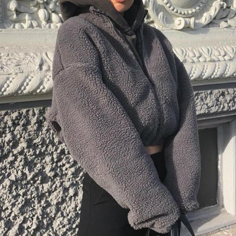

Ladies Casual Fashion Coat Tops Solid Long Sleeve Stand Collar Fleece Warm Zipper Crop Tops Women Fashion Short Sweatshirts 2021, Gray