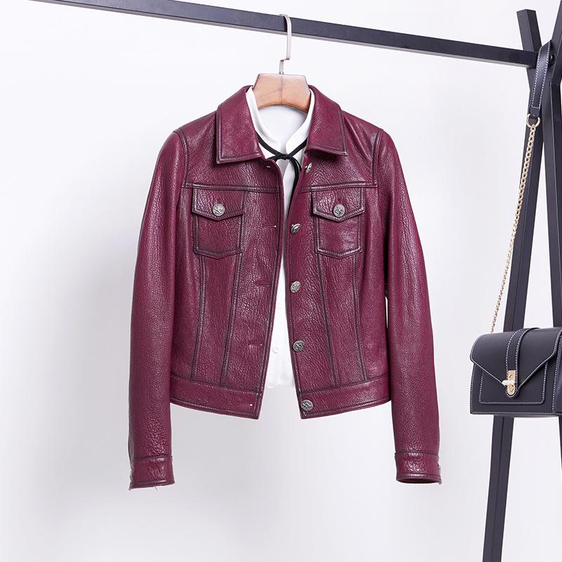

Wholesale 2021 spring and Autumn New Turkish sheepskin leather jacket lapel slim single skin small leather coat women, See chart
