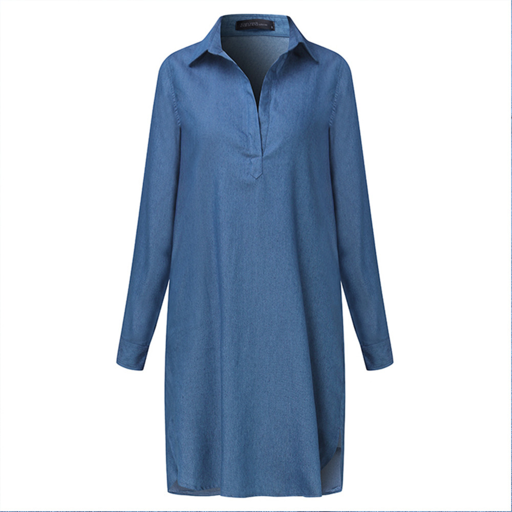 

Autumn 2021 Midi Dress ZANZEA Women Vintage Denim Dress Lapel Long Sleeve Irregular Hem Jeans Shirts Oversized Long Top Vestidos C0121, Style 1 blue