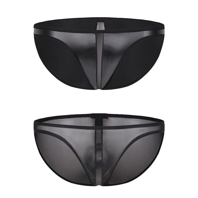 

Men sexy imitation leather underwear transparent mesh yarn to lure men underwear low waist sexy XXL size, Blue