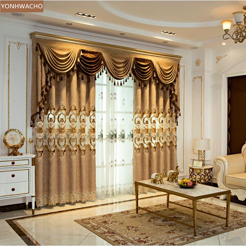 

Custom curtain new luxury American style living room chenille embroidery coffee cloth blackout curtain valance tulle panel C162