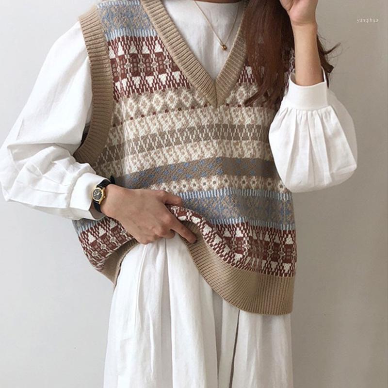 

Vintage V-neck Knitted Vest Sweater Women Sleeveless Pullover Elasticity Sweater Loose Female Casual Oversized Knitted Vest 20201, A1
