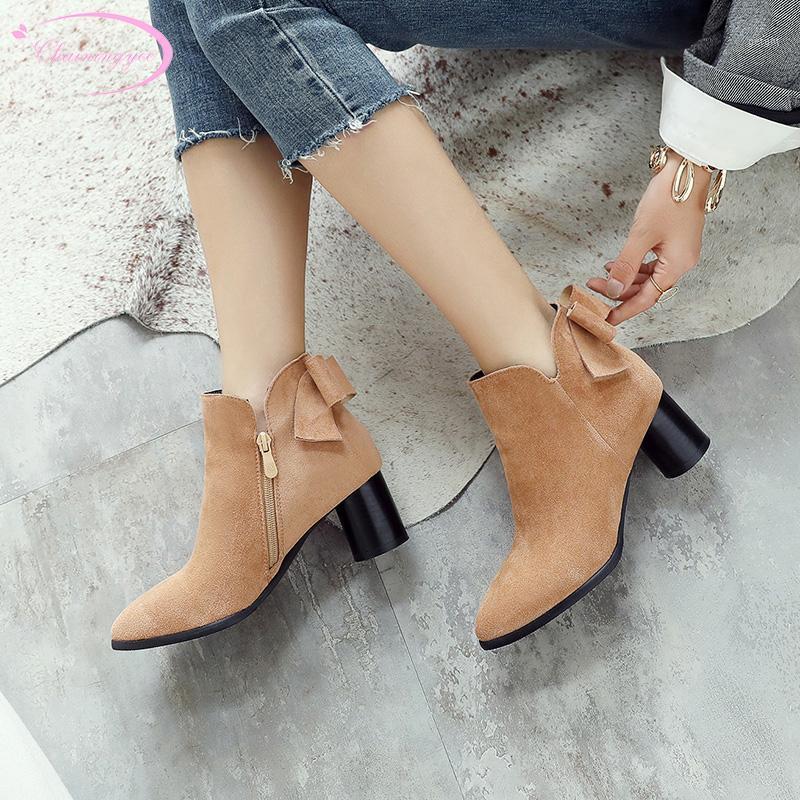 

Casual style comfortable round head nubuck ankle boots fashion zip bow thick high heels riding boots women's shoes big size1, Apricot