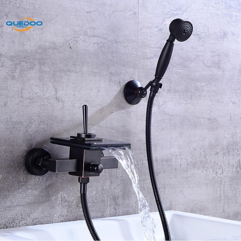 

Shower Faucets Square Wall Mounted Waterfall Glass Spout Bathroom Bath Handheld Shower Set Tap Mixer Bathtub ORB Faucet1