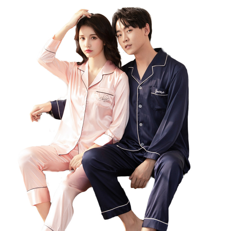 

2021 New Plus Size Autumn Spring Define Silk Solid Pajamas Loose Turn Down Collar Long Female Sleepwear Sleeve X6sx, Blue men
