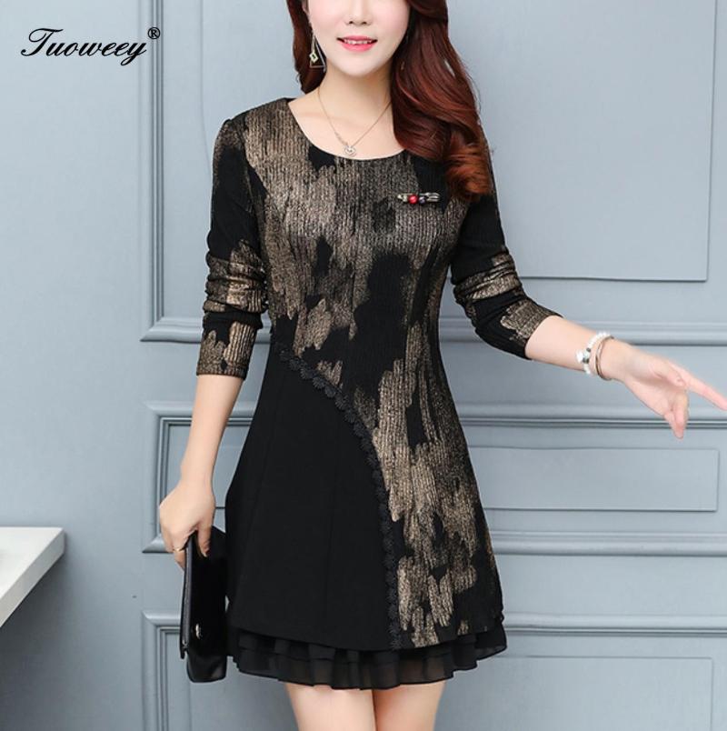 

Long Sleeve Dress Women Casual Fashion floral Print o-neck Sexy Dress Mini Elegance Elastic Waist autumn Women, Gold