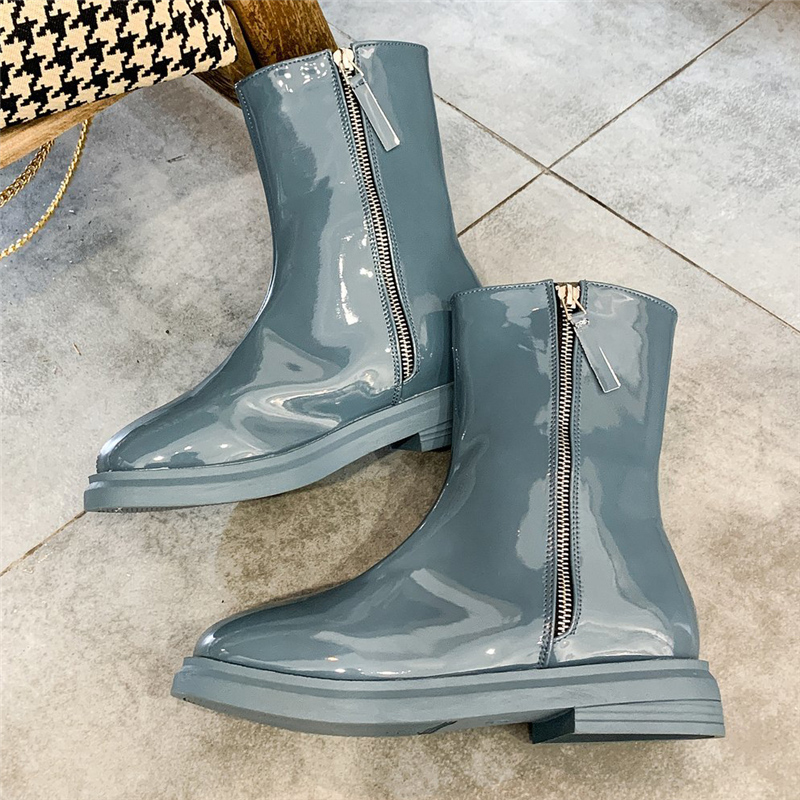 

2020 inverno de luxo mulher azul baixo leatehr combate curtas cabea redonda grosso salto alto martin botas tornozelo sapatos A25R, Black