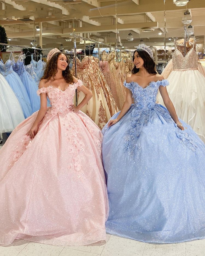 

2021 Fashion Light Blue Pink Quinceanera Dresses Ball Gowns Prom For Sweet 16 Girls Floral Applique 3D Flowers Off Shoulder Formal Dress, Coral