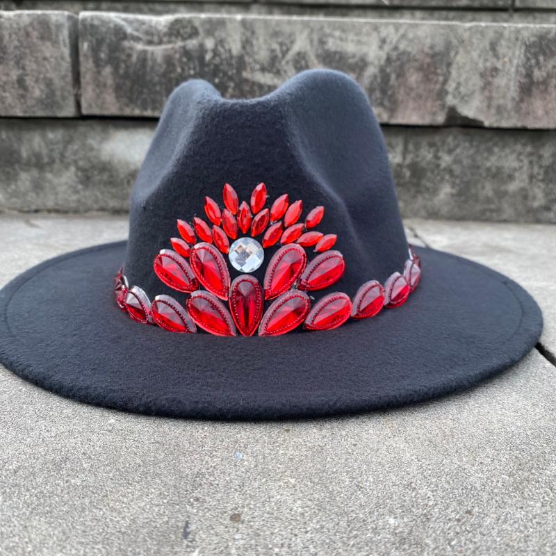 

15 Stlye Women Men Handmade Punk Fedora Hat Acrylic Flower Wide Brim Jazz Cap Winter Panama Triby Felt Hat 2 Size, Black aqh