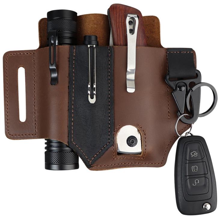 

2021 HW06 Fashion Outdoor EDC Tactical Pen Fanny Pack Cowhide Multifunctional Flashlight Sleeve Knife Sleeve Portable EDC Tool Leather