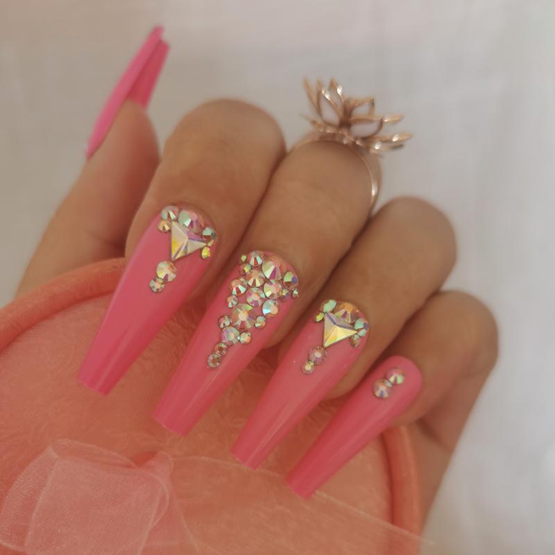 

24pcs The latest luxury jewelry long ballet coffin fake nails crystal diamond rose, 1set