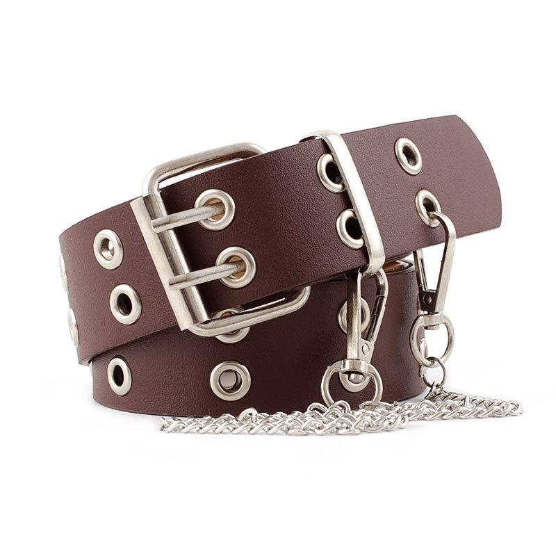 

Fashion Belt Women PU Leather Double Row Hole Pin Buckle Chain Belt Punk Wind Waistband Lady Adjustable Accessory, Black