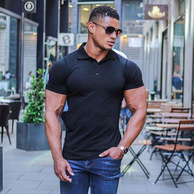 

Fashion Mens Sports Polos Short Sleeve Shirts Summer Slim Fit Turn Collar PoloGym Bodybuilding Fitness Shirt plus size, Black