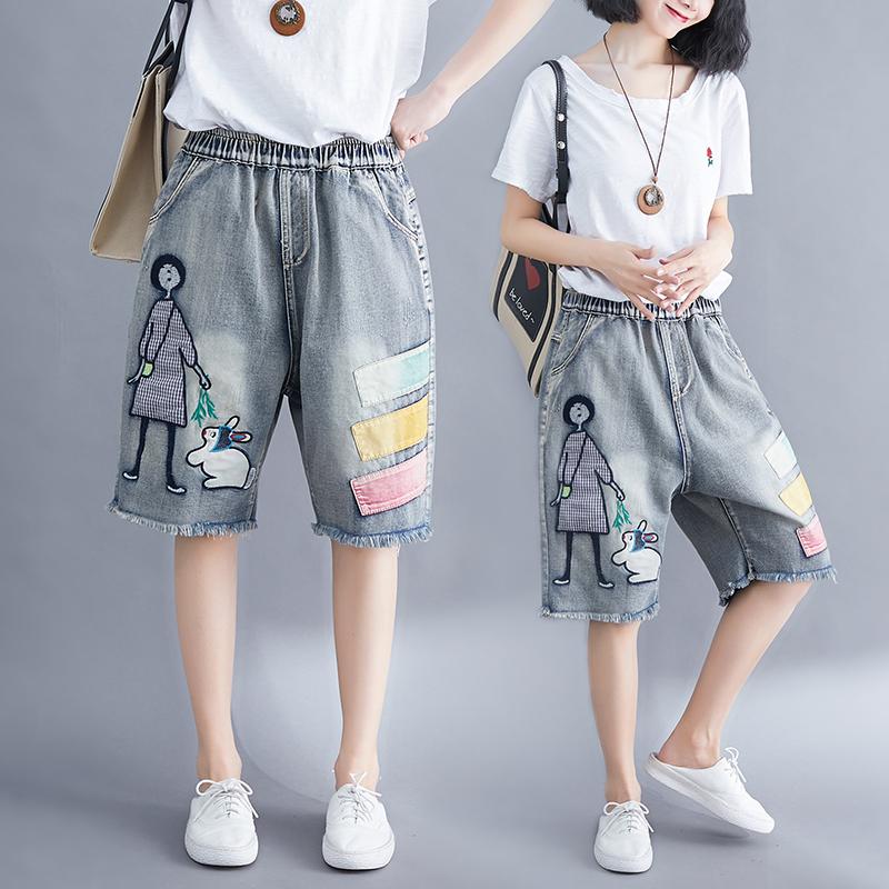 

Women Summer Streetwear Elastic High Waist Cartoon Embroidery Jean Shorts Korean Style Lady Female Oversized Loose Denim Shorts, As picture