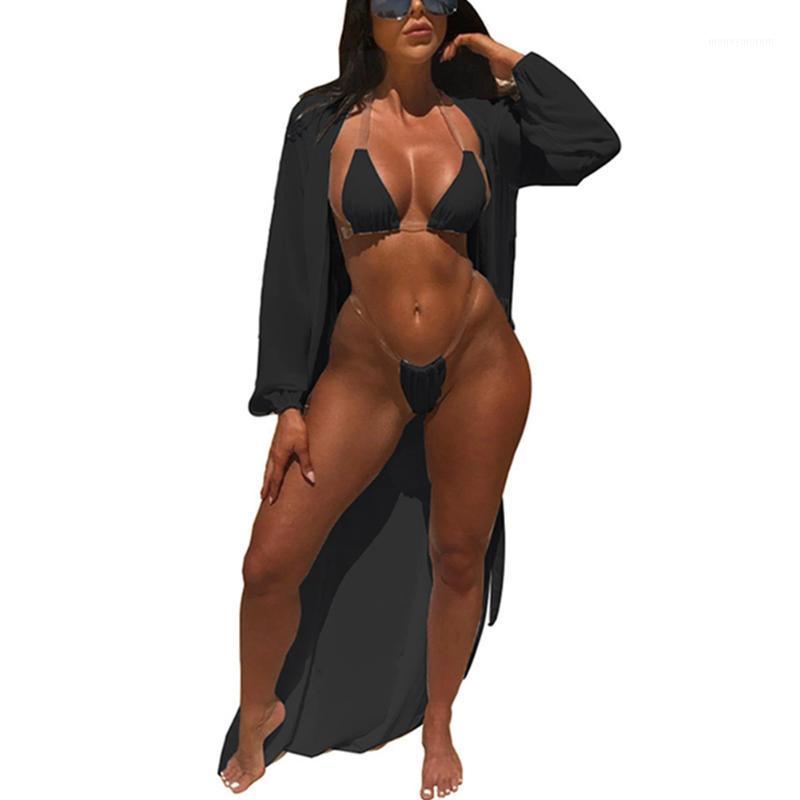 

Women Sexy Three-Point Split Bikini Swimsuit + Cover Ups for Swimwear 3Pcs Set Solid Color Bikini Beachwear1, Green