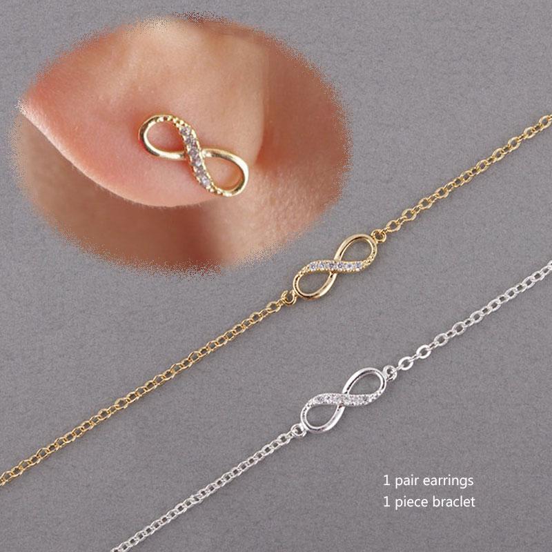 

1 Set Gold Silver Plated Infinity Endless Love Tiny Crystals Charm Necklace Bracelet Earrings Ring Jewelry Set Women Girls Gifts, As pic