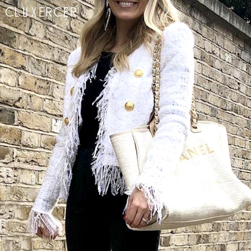 

High Quality Runway Tweed Jacket Coat 2020 Autumn Winter Women Fringed Trim Long Sleeve Double Breasted Short Jacket, White vest