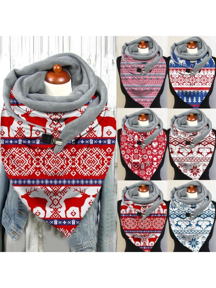 

Women Winter Warm Scarf Christmas Elk Snowflake Print Neck Warmer Snood with Clip Thermal Blanket Button Shawl Wrap