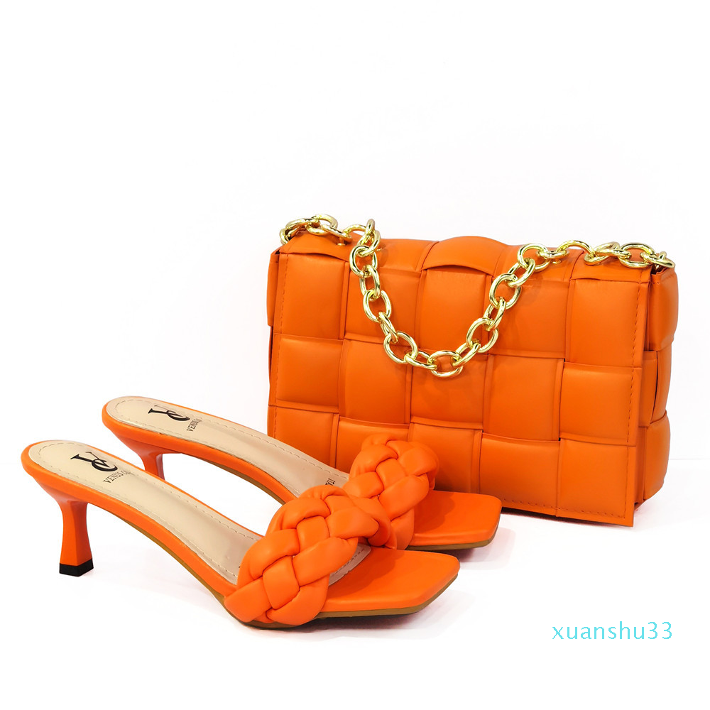 

Orange Color Ladies Elegant Shoes and Bag Set Decorated Or Rhinestone Italian Slippers with Matching Shopping High Quality Party Sandals, Black