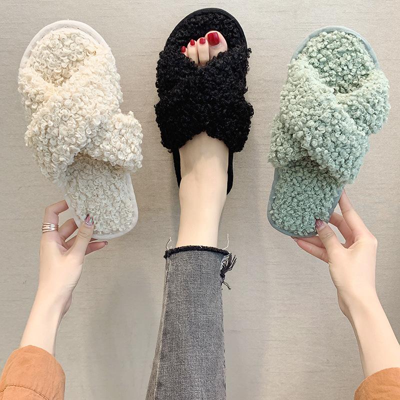 

women cross faux fur slippers winter bedroom indoor comfort home sleepers shoes woman warm soft fluffy slippers female VT1515, Green