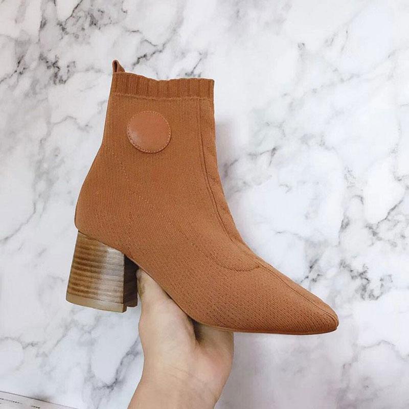 

2020 New Fashion Luxury Boots Women Designers Stretch Fabric Slip-On Round Toe Hoof Heels High (5cm-8cm) Ankle Women Boots, Beige