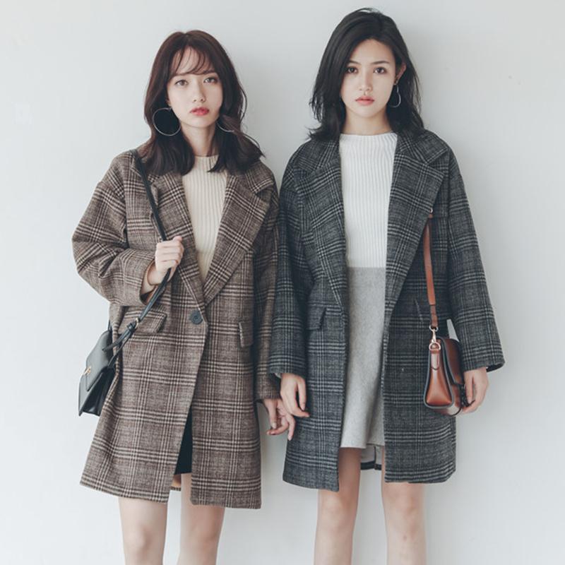 

Winter New Korean Thick Plaid Woolen Coat Women Vintage Single Breasted Mid-length Woolen Jacket Fashion Casual Woman Coats, Brown