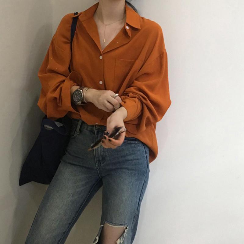 

Lychee Girls Solid Color Women Shirt Blouse Casual Autumn Lady Blouses Tops Button Lantern Sleeve Loose Female Shirts Tops, Orange