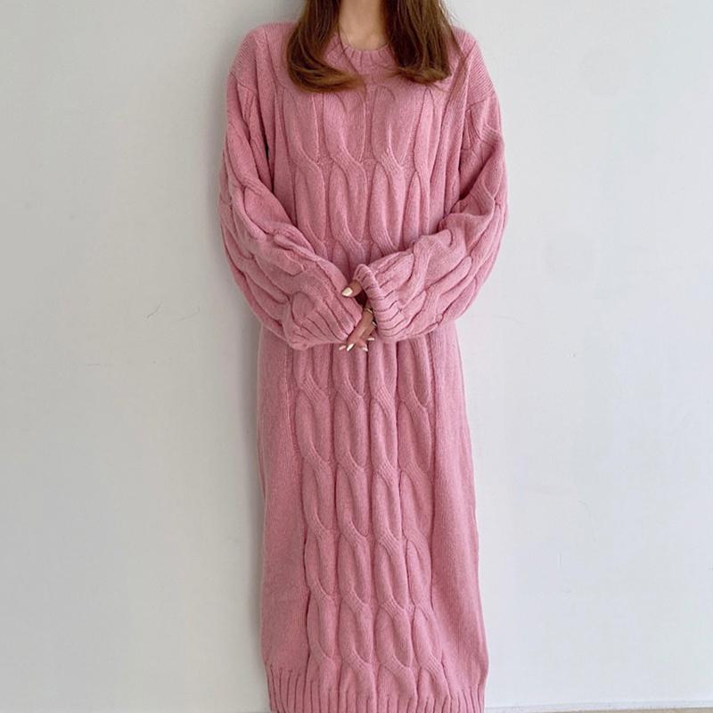 

EWQ]2020 Winter Jumper Female Loose Casual Round Neck Solid Color Long Sleeve Over Knee Minimalist Knitting Sweater Dress 8Q100, Pink