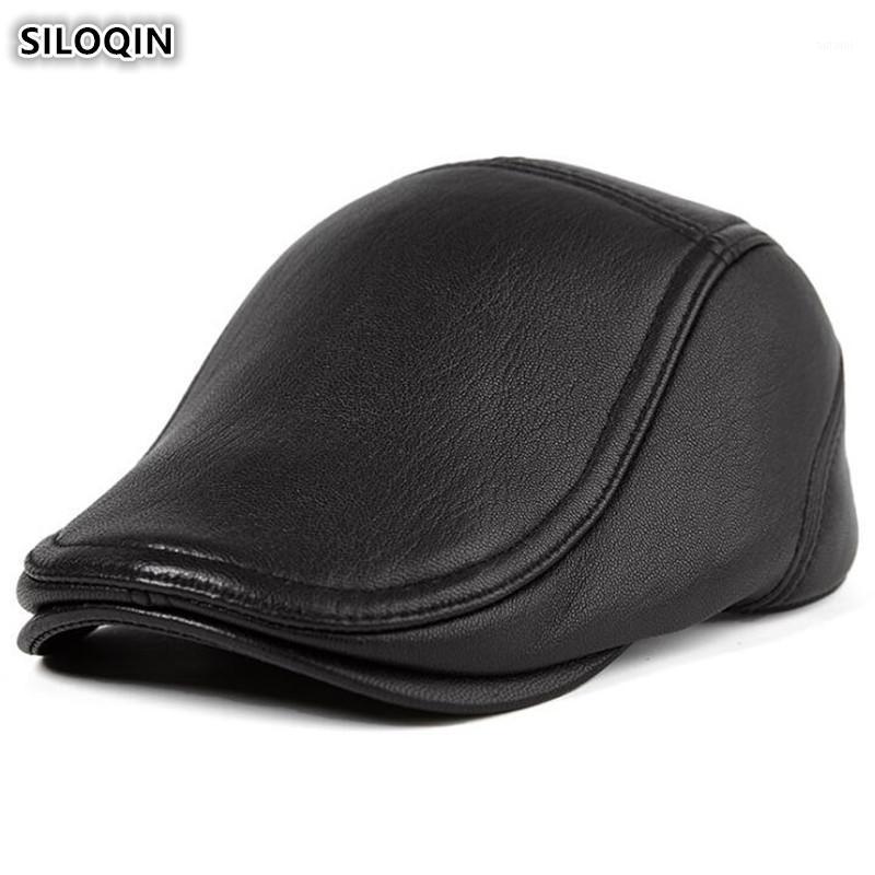 

SILOQIN Adjustable Size Genuine Leather Hat Men's Casual Fashion Berets Middle-aged Sheepskin Leather Warm Hats Autumn Dad's Cap1, Black